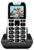 A white EVOLVEO EasyPhone for seniors is displayed in a charging dock against a white background. The phone's screen shows a woman wearing large sunglasses and colorful bracelets. Voir les images du produit