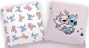 Two Disney Stitch and Angel themed pillows are shown, one with a repeating pattern of the characters and the other featuring the characters embracing. Produktbild-Vorschau