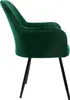 A side view of a single green velvet dining chair with black metal legs, isolated on a white background. Náhled obrázku produktu