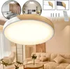 A collage of images showing a modern LED ceiling light with a wood accent, installed in different room settings, along with close-ups of its design and included accessories. Náhled obrázku produktu