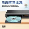 A DVD player with a disc tray open and a DVD inside, placed on a wooden surface. Voir les images du produit