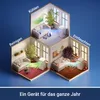 A diagram showing an air purifier in three different modes: cooling, cleaning, and dehumidifying, within stylized room scenes. Produktbild-Vorschau