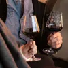 Two people holding wine glasses filled with red wine. Produktbild-Vorschau