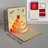 A pop-up birthday card with a 3D cake design, shown open with accompanying envelope and smaller cards, along with size dimensions. Podgląd zdjęcia produktu