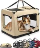 A dog is inside a beige fabric dog crate. Below the crate are smaller images of the crate in different colors and folded. Náhľad obrázku produktu