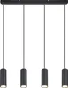 A modern, minimalist pendant light fixture with four cylindrical black shades hanging from a black rectangular bar. Náhled obrázku produktu