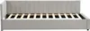 A grey upholstered daybed with a slatted base is shown from the side against a white background. Produktbild-Vorschau