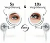 Two wall-mounted makeup mirrors are shown, one with 5x magnification and the other with 10x magnification, demonstrating their use for applying makeup. Produktbild-Vorschau