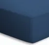A close-up, angled view of a navy blue fitted sheet.