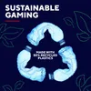 Marketing image for sustainable gaming products, featuring crushed plastic bottles arranged in a recycling symbol. Podgląd zdjęcia produktu