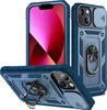 Multiple views of a blue iPhone case with a sliding camera cover and a ring holder. Produktbild-Vorschau