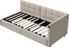 A beige upholstered bed frame with the mattress support slats visible. Produktbild-Vorschau