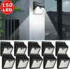 A collage of solar-powered LED wall lights, with a close-up of one light mounted on a wall in the upper section, and multiple lights arranged in the lower section. Voir les images du produit
