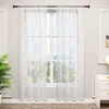 A pair of white sheer curtains with a floral embroidery pattern hanging in front of a window. Produktbild-Vorschau