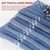 Close-up of a sewing machine foot stitching through multiple layers of denim, with a ruler graphic indicating the thickness. Produktbild-Vorschau
