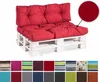 A red pallet sofa cushion set on a white wooden pallet, with a close-up inset of the red fabric. Voir les images du produit