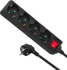 A black power strip with four sockets and a red on/off switch, along with its plug, is shown against a white background. Náhled obrázku produktu