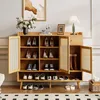 A wooden shoe cabinet with multiple shelves and doors, displaying various shoes and boots. Voir les images du produit