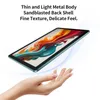 A hand is holding a tablet with a colorful abstract image on its screen, against a white background with abstract wavy lines. Produktbild-Vorschau