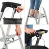 A collage of four images showing different aspects of a step ladder, including a person using it, a bucket attached, and a paint tray with a brush. Podgląd zdjęcia produktu