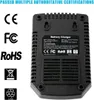 The back of a black battery charger with certification logos and text. Produktbild-Vorschau
