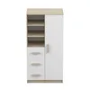 A product shot of a white and wood-colored bookshelf with drawers and a door. Náhľad obrázku produktu