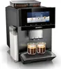 A Siemens EQ.9 TQ907D03 fully automatic espresso machine is shown in a studio setting, with two cups of coffee already brewed. Produktbild-Vorschau
