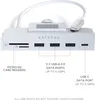 A Satechi USB-C hub for an iMac is shown from the front, with labels indicating its ports and features. Produktbild-Vorschau