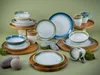 A collection of stoneware dinnerware, including plates, bowls, and mugs, arranged on wooden platters and a green background. Náhľad obrázku produktu
