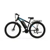 A black electric mountain bike with blue accents is shown against a plain white background. Produktbild-Vorschau