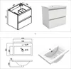 A collage showing technical drawings and a 3D render of a bathroom vanity and sink. Produktbild-Vorschau