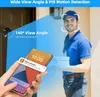 A delivery person is shown in front of a door, with a smartphone displaying a motion detection notification. Produktbild-Vorschau