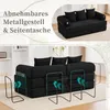 A split image showing a black sofa in two different configurations and close-ups of its features. Produktbild-Vorschau