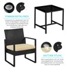 A marketing image showing a black rattan chair with a beige cushion and a black square side table, with close-up diagrams of the table's feet and the chair's cushion. Podgląd zdjęcia produktu