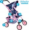 A pink and blue doll stroller with a floral pattern, shown against a white background with numbered callouts. Produktbild-Vorschau