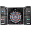 A black electronic dartboard with a dart cabinet opened on both sides, displaying darts and scoring numbers. Produktbild-Vorschau