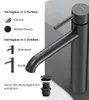 A black faucet is shown with text describing its features and options. Produktbild-Vorschau