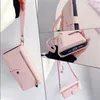Collage of images showing a pink phone case with a strap and card slots. Produktbild-Vorschau
