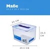A clear plastic food storage container with dimensions indicated by text and lines. Produktbild-Vorschau