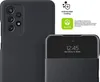 A dark gray Samsung phone case with a flip cover is shown, with text and logos describing its features. Produktbild-Vorschau