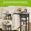 A side table with storage next to a sofa, with inset images showing different uses. Produktbild-Vorschau
