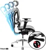 An ergonomic office chair shown from the side with multiple positions of the headrest indicated by blue overlays. Anteprima dell’immagine prodotto