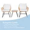 A rattan outdoor seating set with two chairs and a small table, presented against a white and light blue background with descriptive text. Produktbild-Vorschau