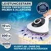 A hand-held vacuum cleaner is shown cleaning a mattress, with illustrations indicating its effectiveness against mites and allergens. Produktbild-Vorschau