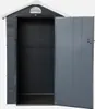 An empty, dark gray plastic garden shed with its door open, viewed from the front. Produktbild-Vorschau