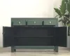 A dark green sideboard with three drawers and two open doors, revealing a dark interior. A large green plant is visible to the right. Produktbild-Vorschau