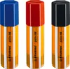 Three STABILO Fineliner pens in blue, red, and black caps, arranged side-by-side against a white background. Voir les images du produit