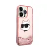 A pink iPhone 14 Pro Max case with a glitter-filled liquid compartment and a Choupette Head graphic. Produktbild-Vorschau