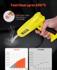 A hand holding a yellow plastic welding gun, with graphics comparing its heating speed to other products. Podgląd zdjęcia produktu