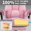 Close-up of a pink office chair with a cutaway showing the foam padding and text overlays highlighting features. Podgląd zdjęcia produktu